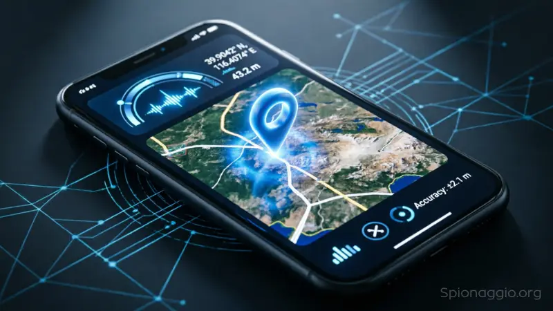 Interfaccia moderna di tracciamento GPS su smartphone con mappa satellitare e coordinate in tempo reale