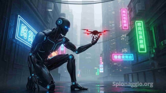 Robot umanoide furtivo che si prepara a lanciare un drone spia in una città futuristica.