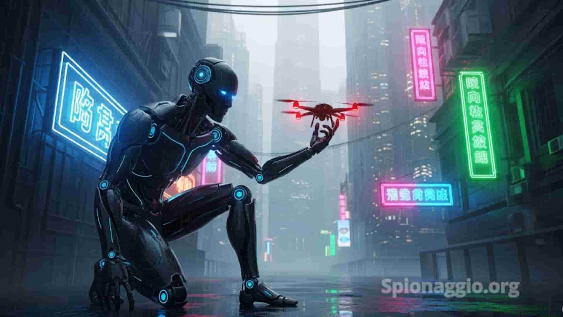 Robot umanoide furtivo che si prepara a lanciare un drone spia in una città futuristica.